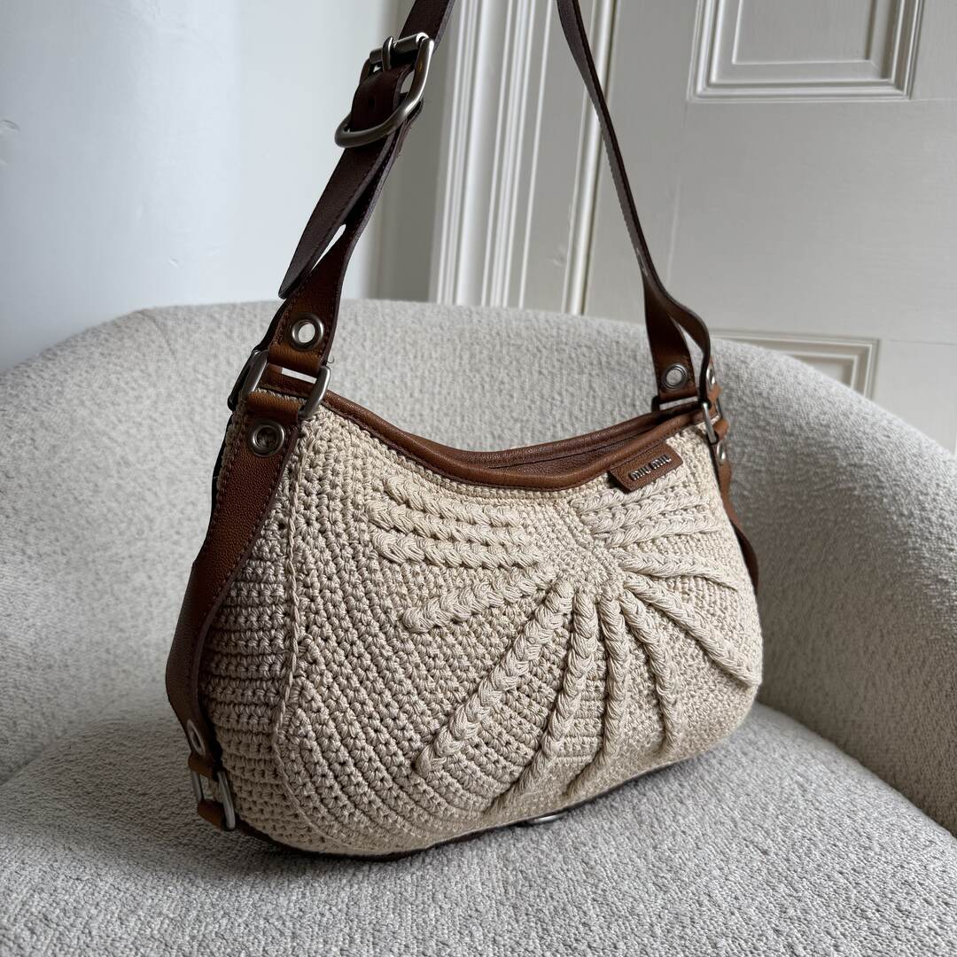 2000s Miu Miu Crochet Knitted Cream Shoulder Bag