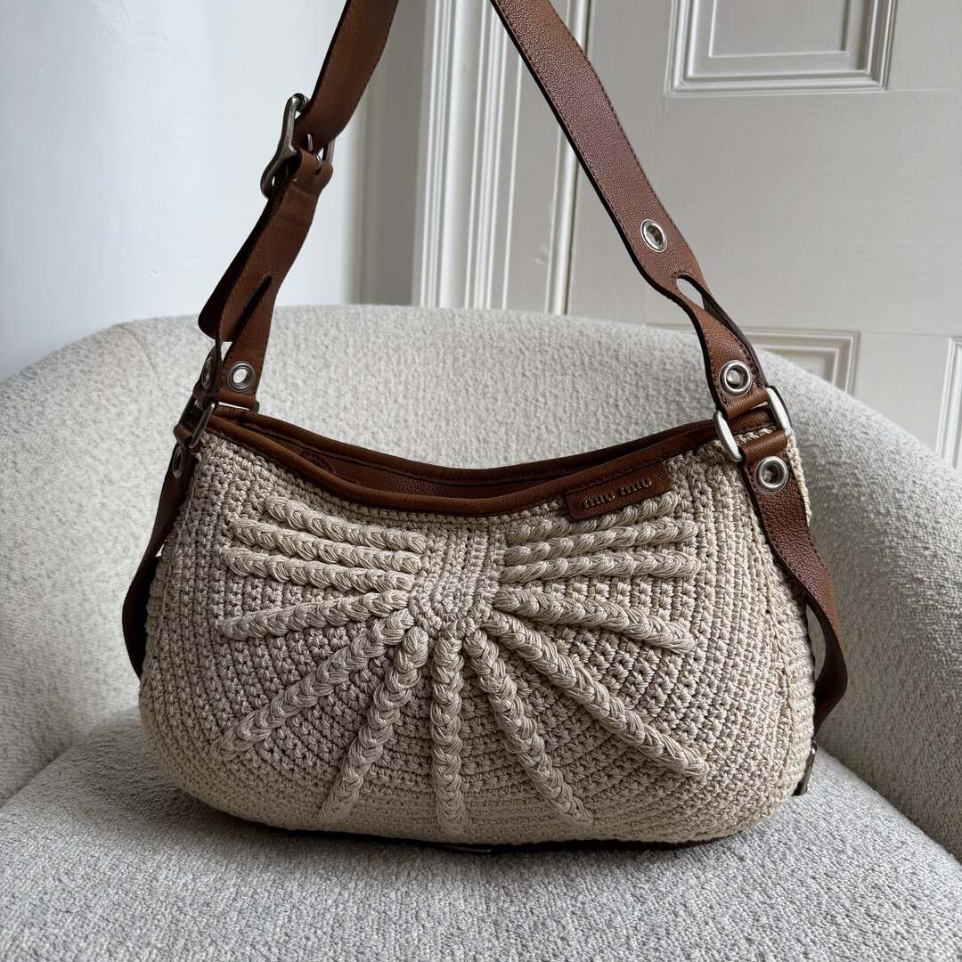 2000s Miu Miu Crochet Knitted Cream Shoulder Bag