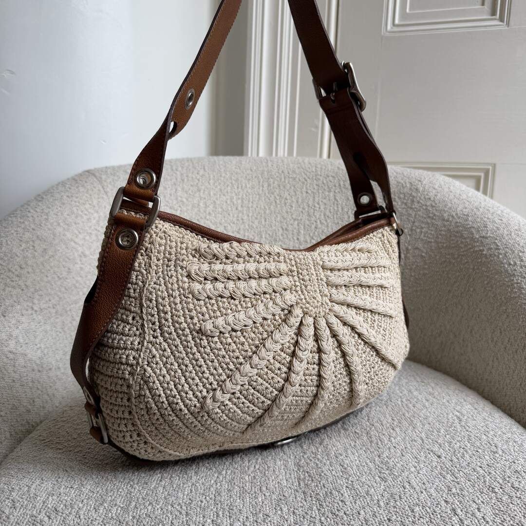 2000s Miu Miu Crochet Knitted Cream Shoulder Bag
