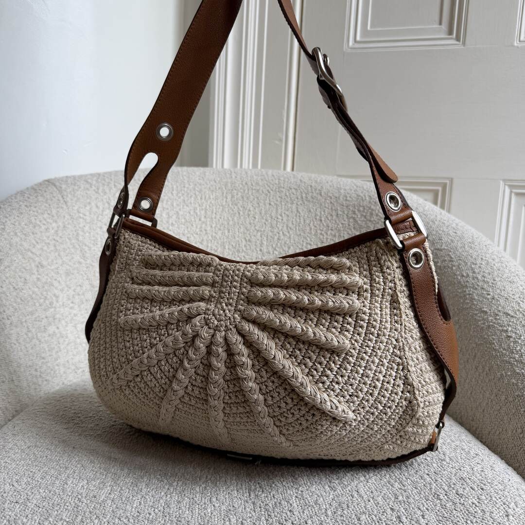 2000s Miu Miu Crochet Knitted Cream Shoulder Bag