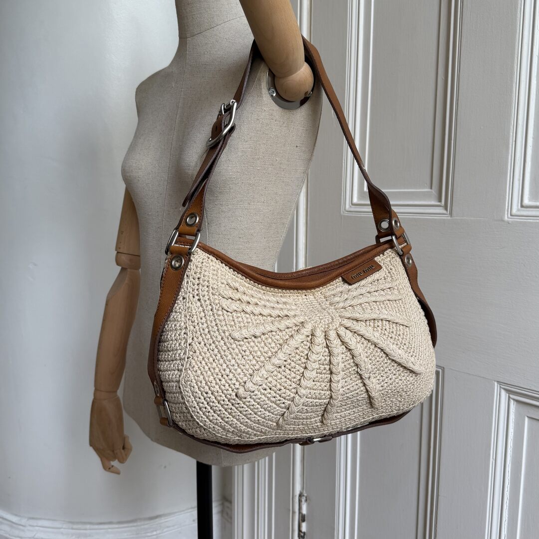 2000s Miu Miu Crochet Knitted Cream Shoulder Bag