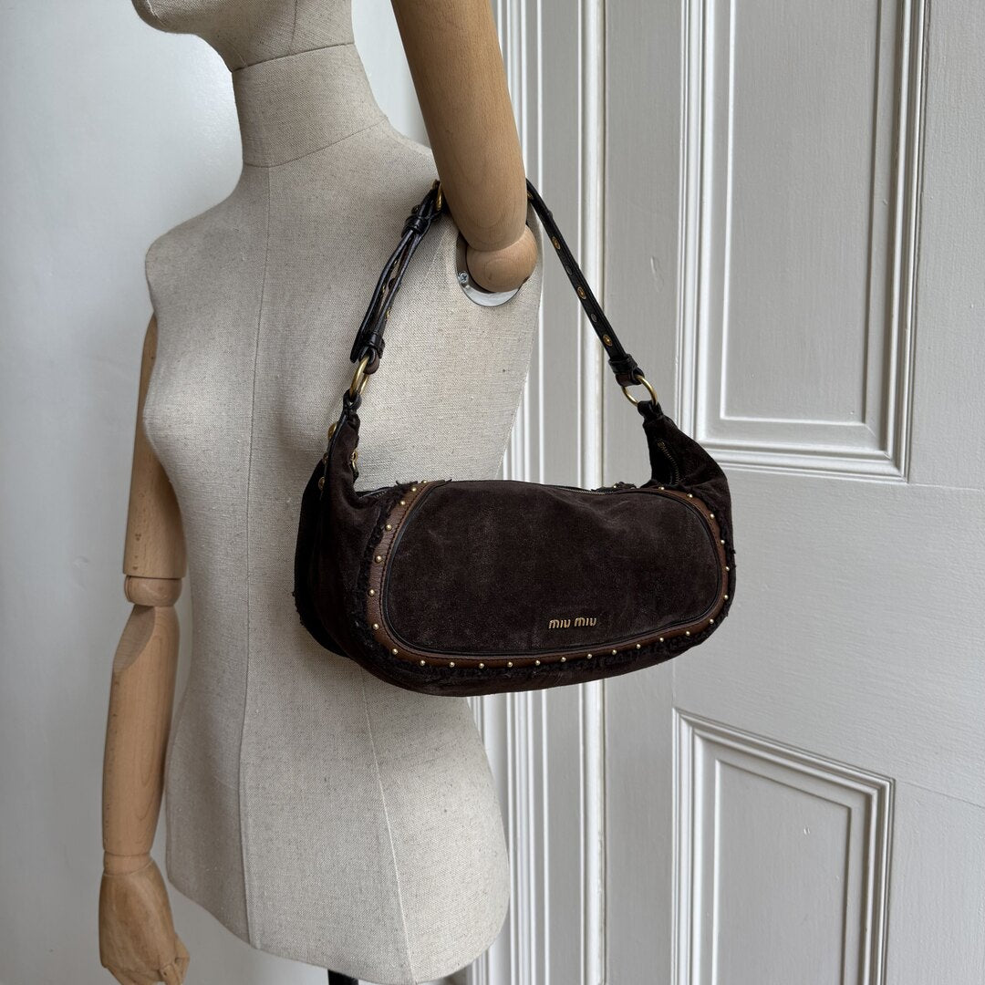 RARE Archive Miu Miu Studded Suede Brown Shoulder Bag