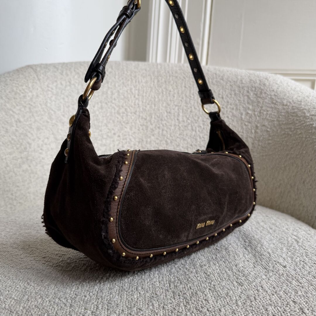 RARE Archive Miu Miu Studded Suede Brown Shoulder Bag