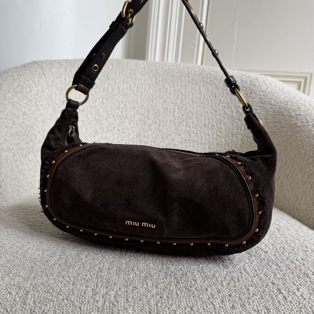 RARE Archive Miu Miu Studded Suede Brown Shoulder Bag