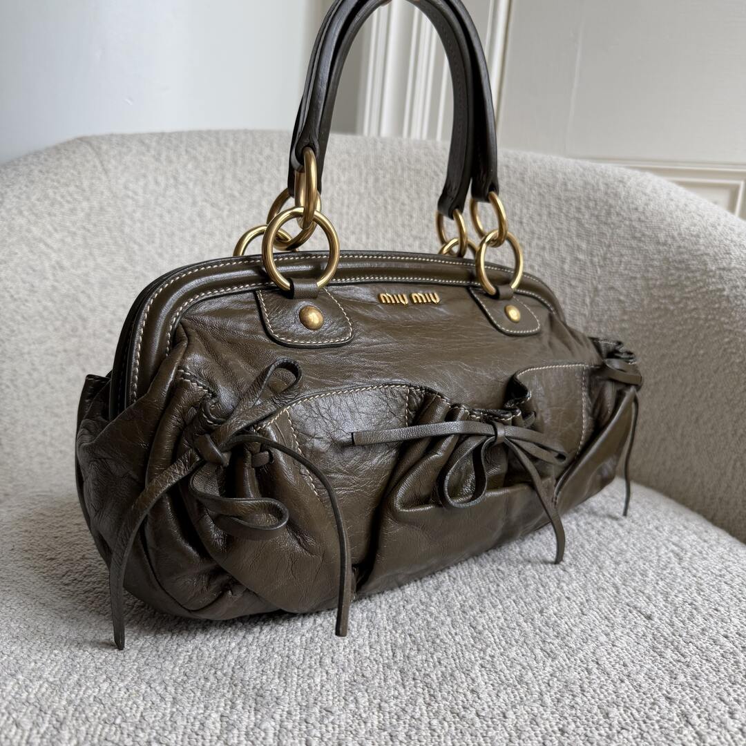 Miu Miu Bow Tassel Leather Green Shoulder Bag