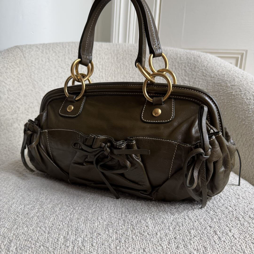 Miu Miu Bow Tassel Leather Green Shoulder Bag