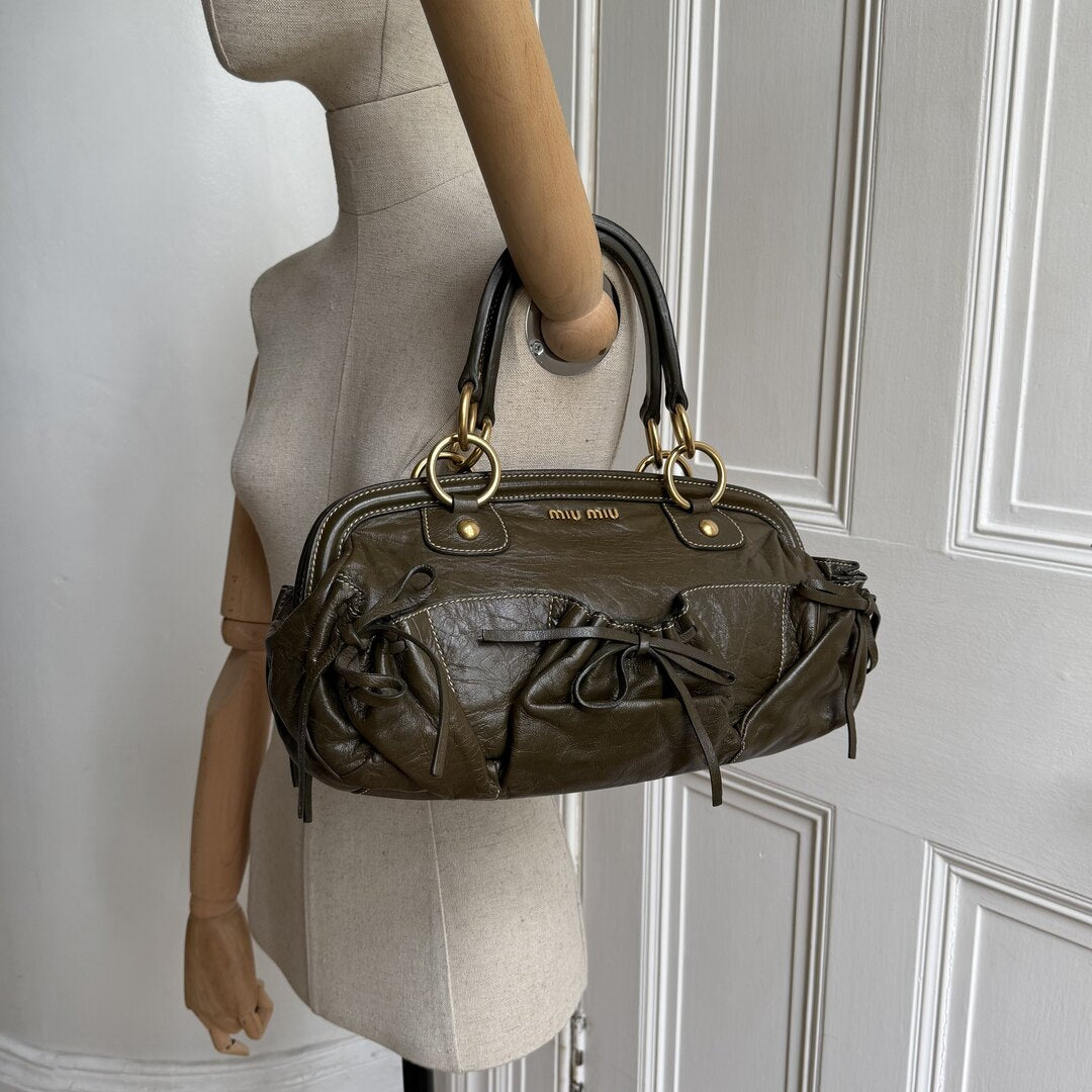 Miu Miu Bow Tassel Leather Green Shoulder Bag