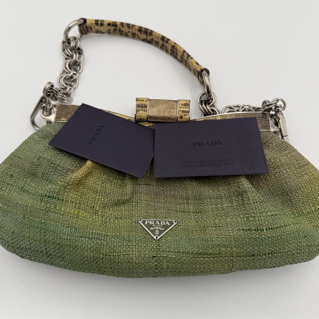RARE 2008 Prada Straw Snake Print Leather Chain Shoulder Bag