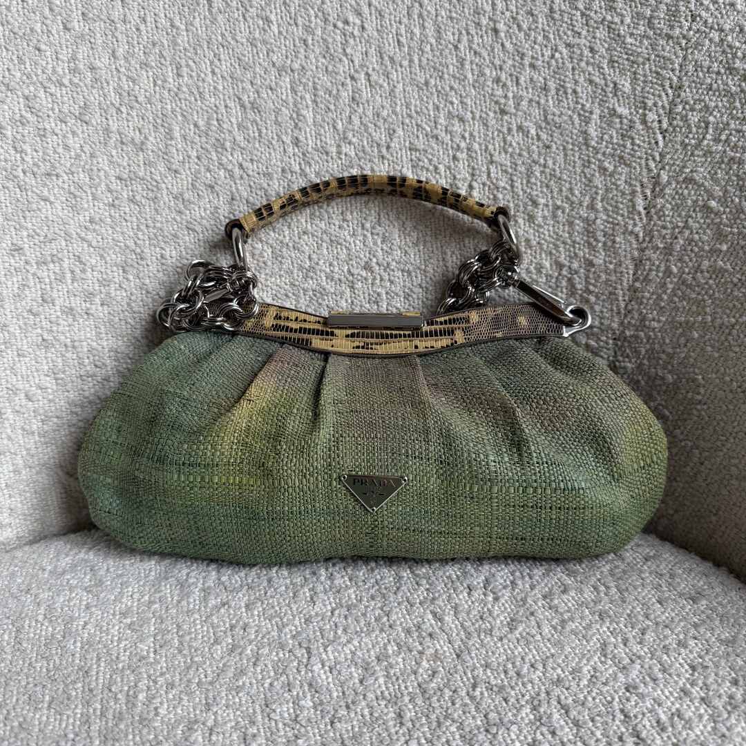 RARE 2008 Prada Straw Snake Print Leather Chain Shoulder Bag