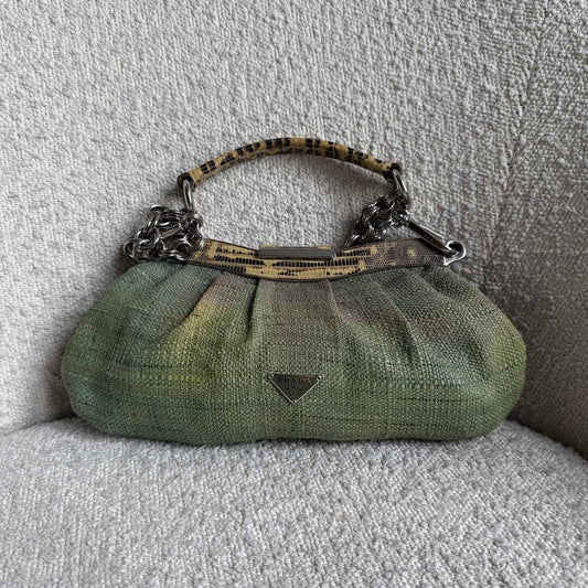 RARE 2008 Prada Straw Snake Print Leather Chain Shoulder Bag