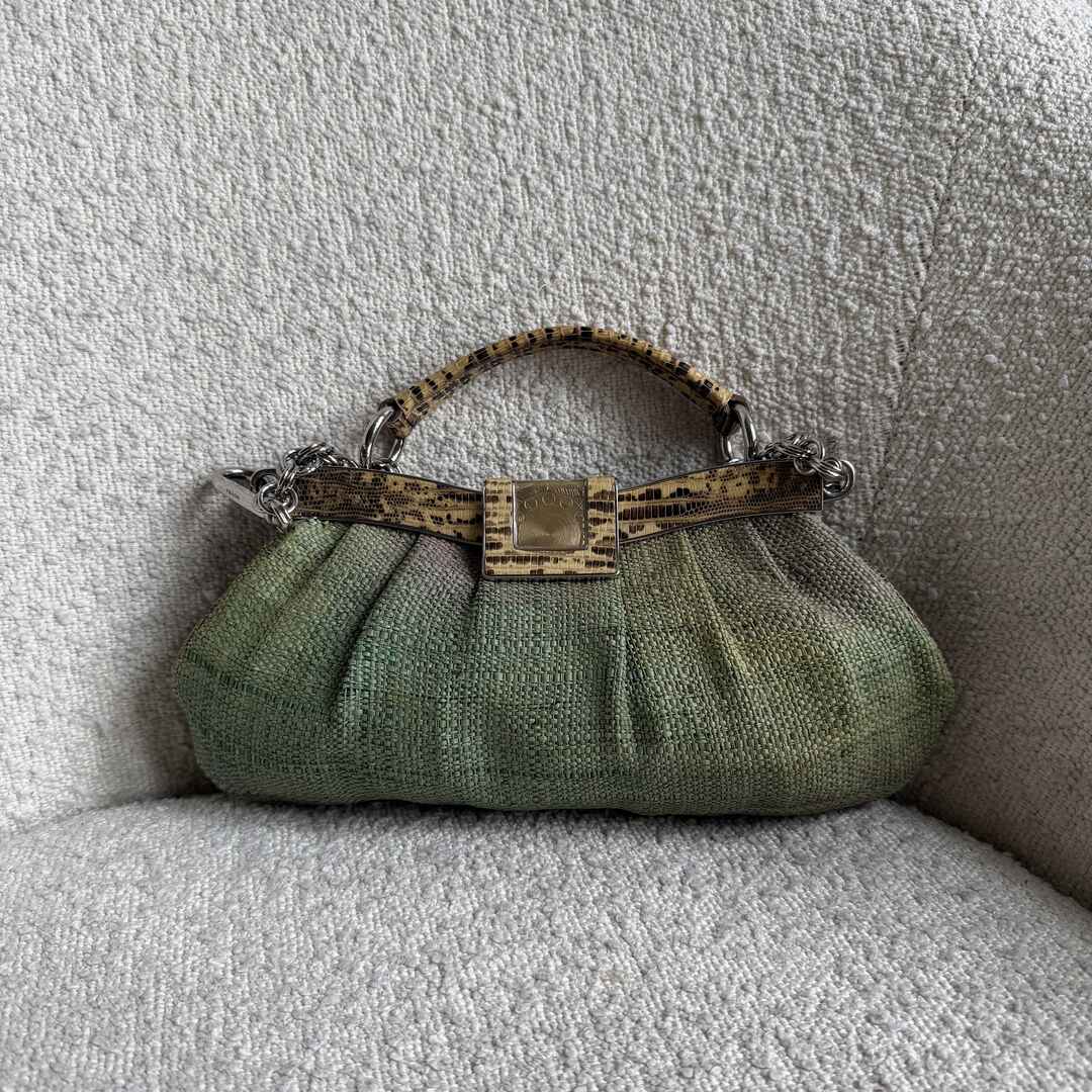 RARE 2008 Prada Straw Snake Print Leather Chain Shoulder Bag