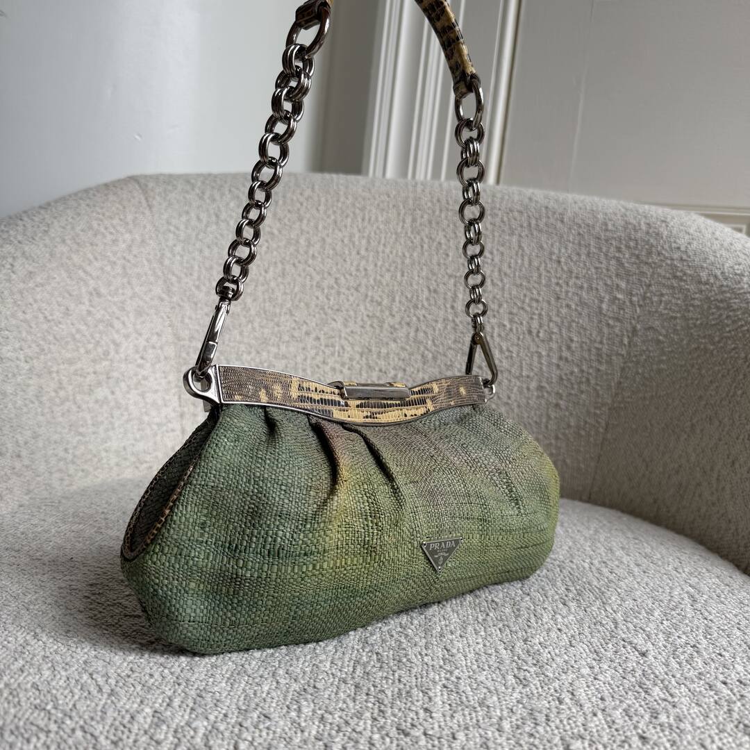 RARE 2008 Prada Straw Snake Print Leather Chain Shoulder Bag