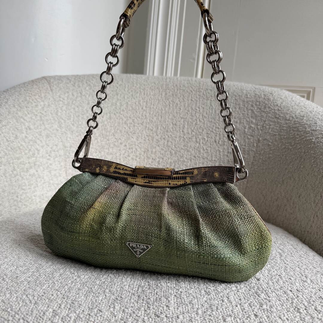 RARE 2008 Prada Straw Snake Print Leather Chain Shoulder Bag