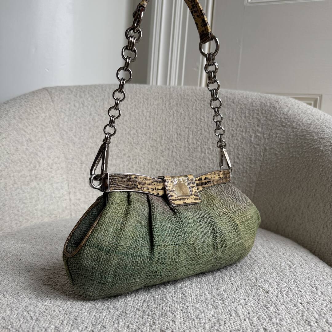RARE 2008 Prada Straw Snake Print Leather Chain Shoulder Bag
