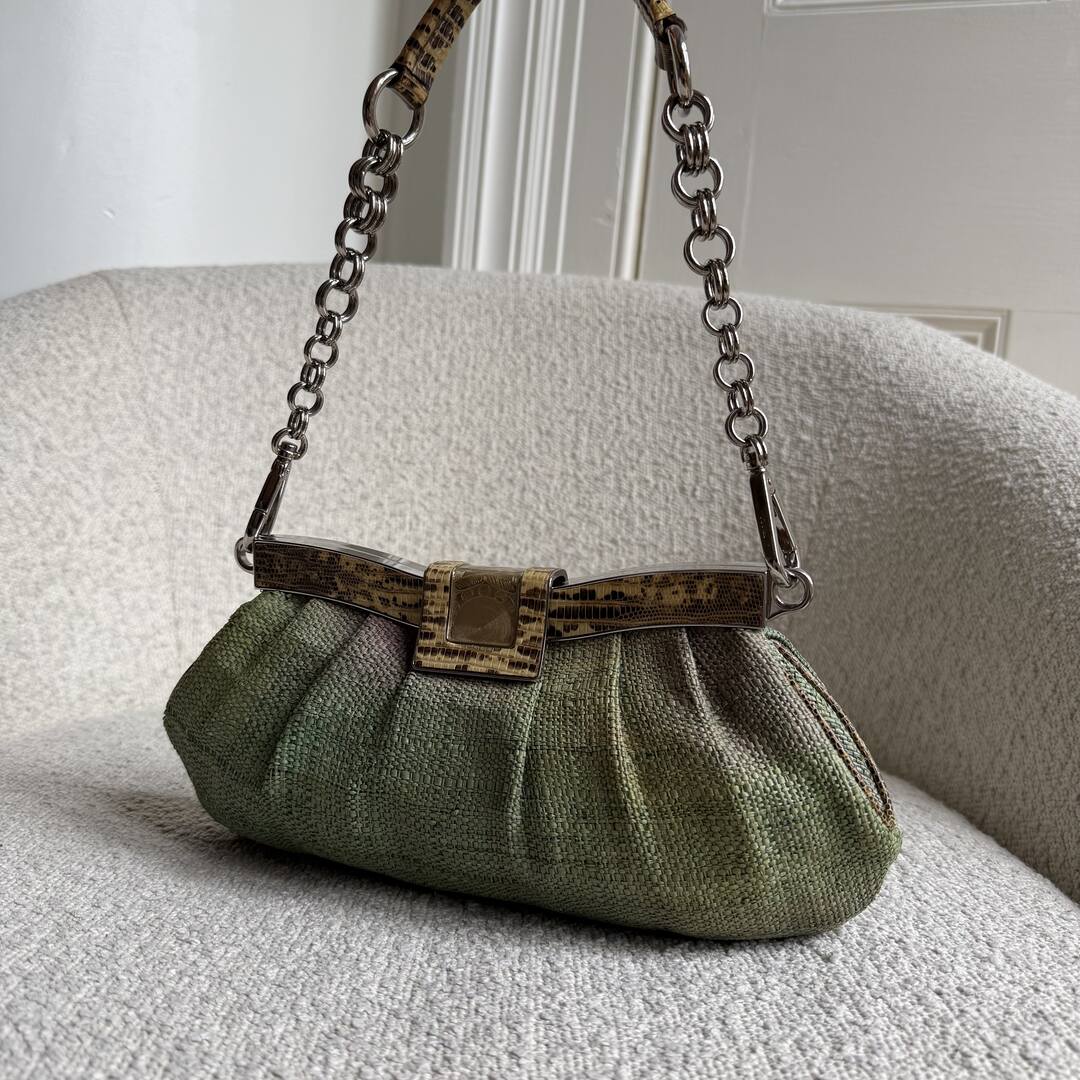 RARE 2008 Prada Straw Snake Print Leather Chain Shoulder Bag