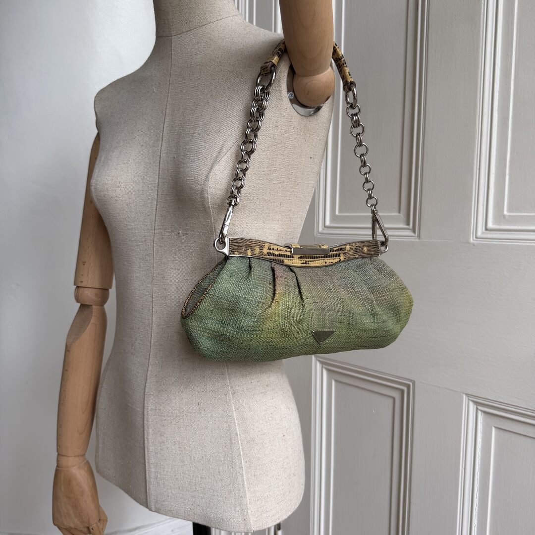 RARE 2008 Prada Straw Snake Print Leather Chain Shoulder Bag