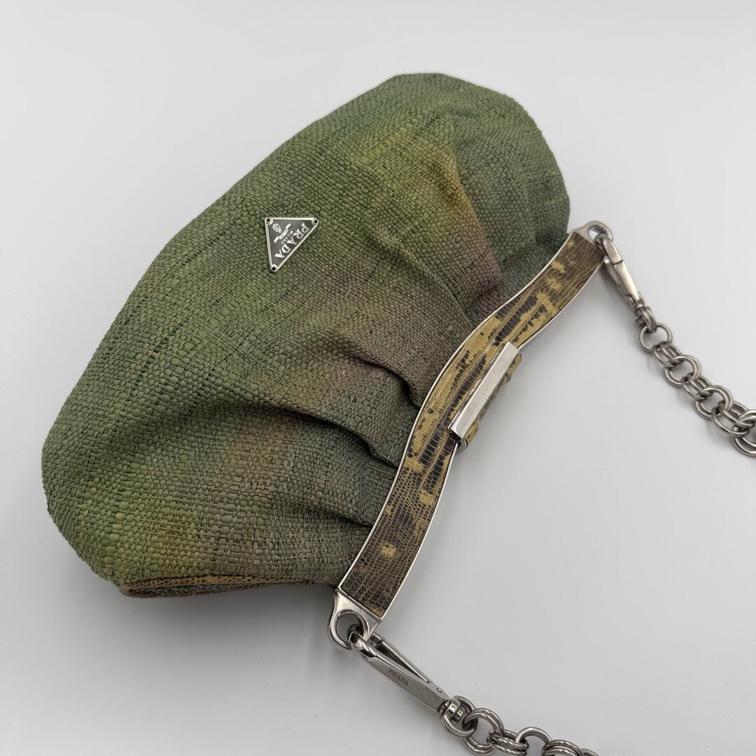 RARE 2008 Prada Straw Snake Print Leather Chain Shoulder Bag