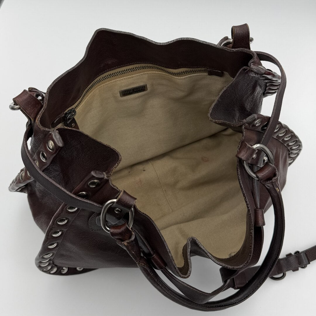 RARE Archive Miu Miu Studded Dark Brown Leather Shoulder Bag