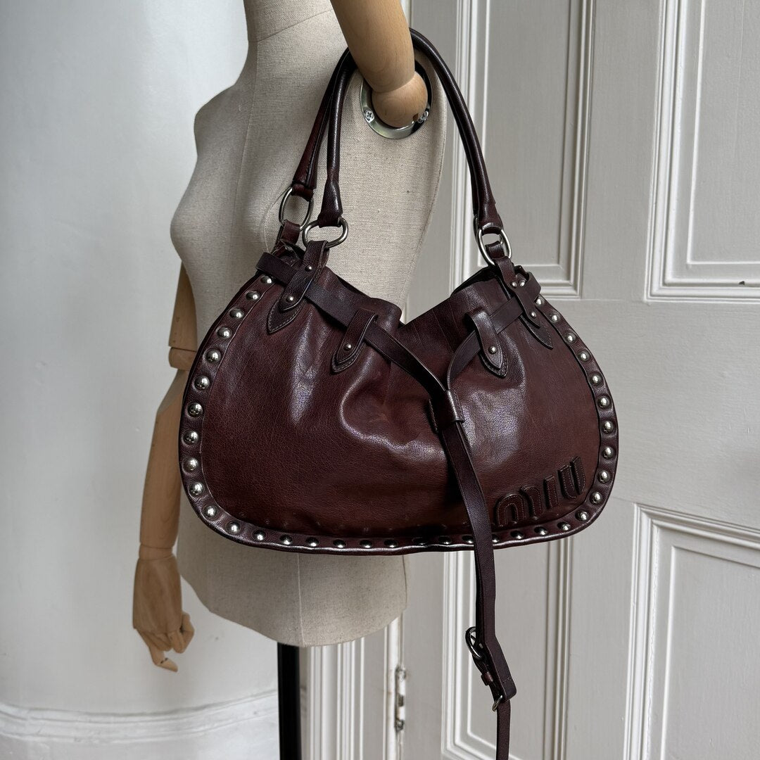 RARE Archive Miu Miu Studded Dark Brown Leather Shoulder Bag