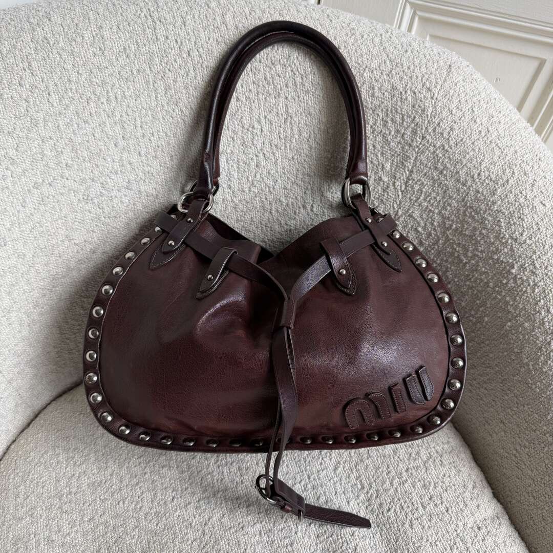 RARE Archive Miu Miu Studded Dark Brown Leather Shoulder Bag