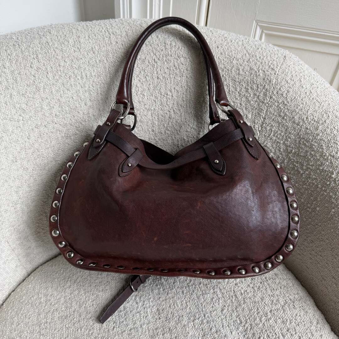 RARE Archive Miu Miu Studded Dark Brown Leather Shoulder Bag