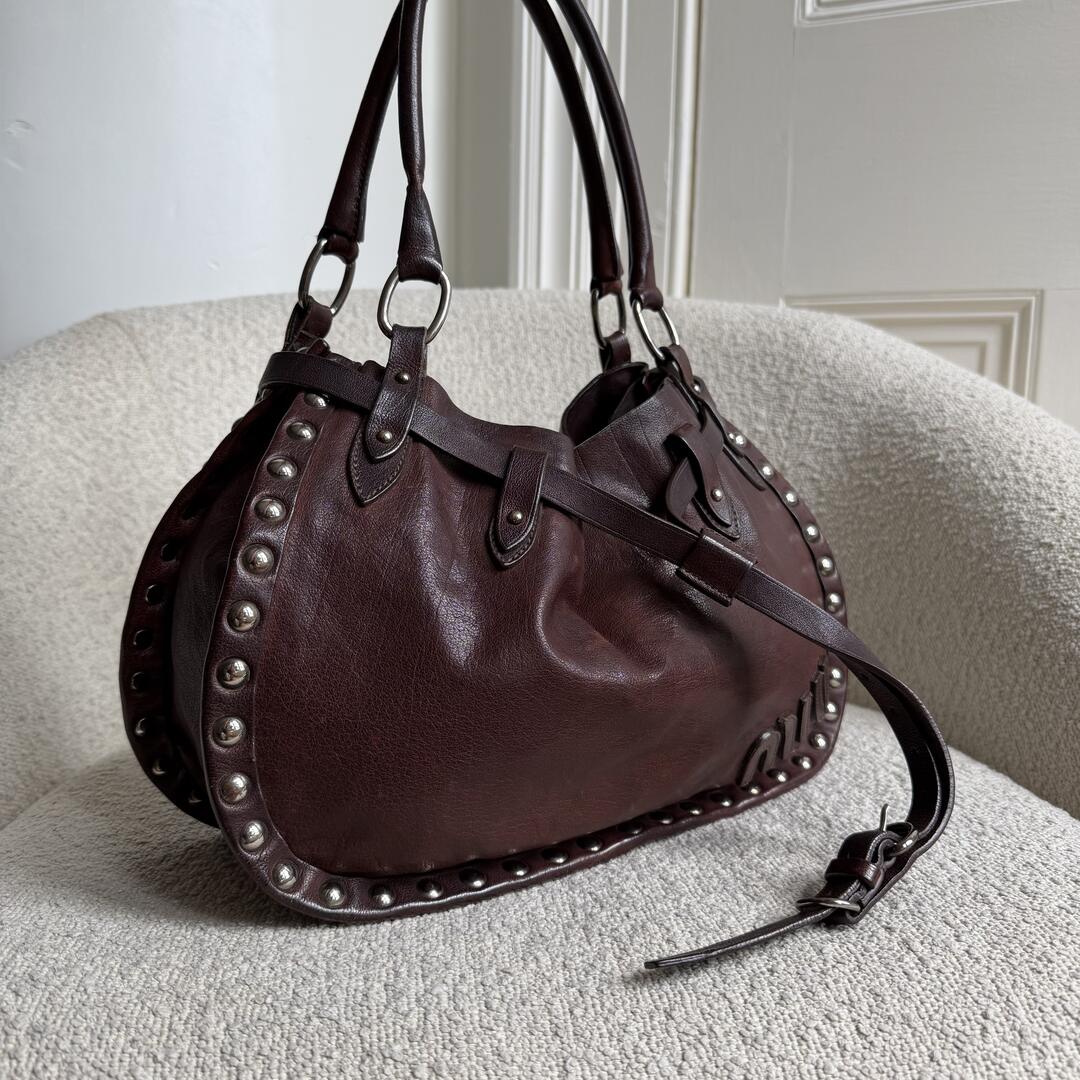 RARE Archive Miu Miu Studded Dark Brown Leather Shoulder Bag