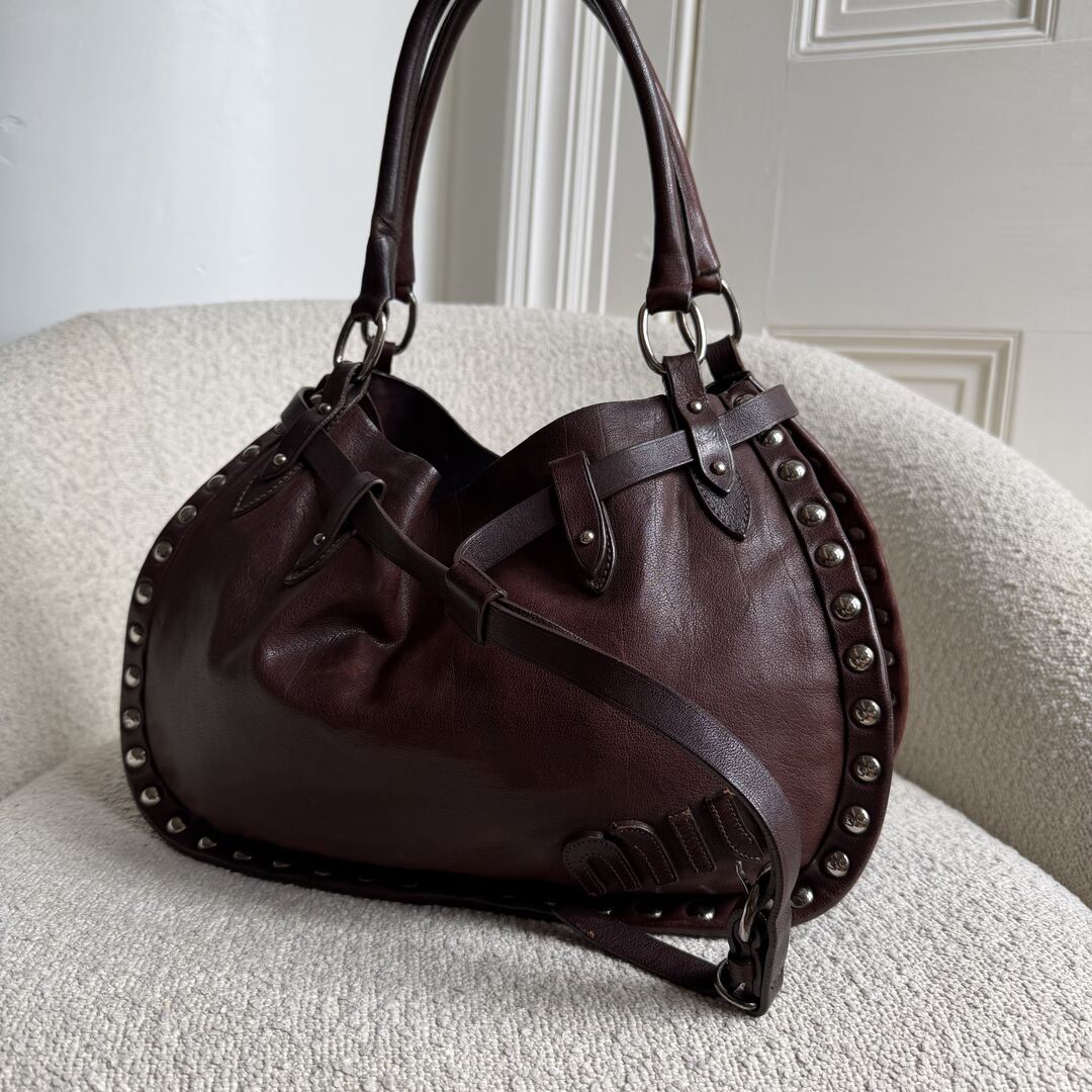 RARE Archive Miu Miu Studded Dark Brown Leather Shoulder Bag