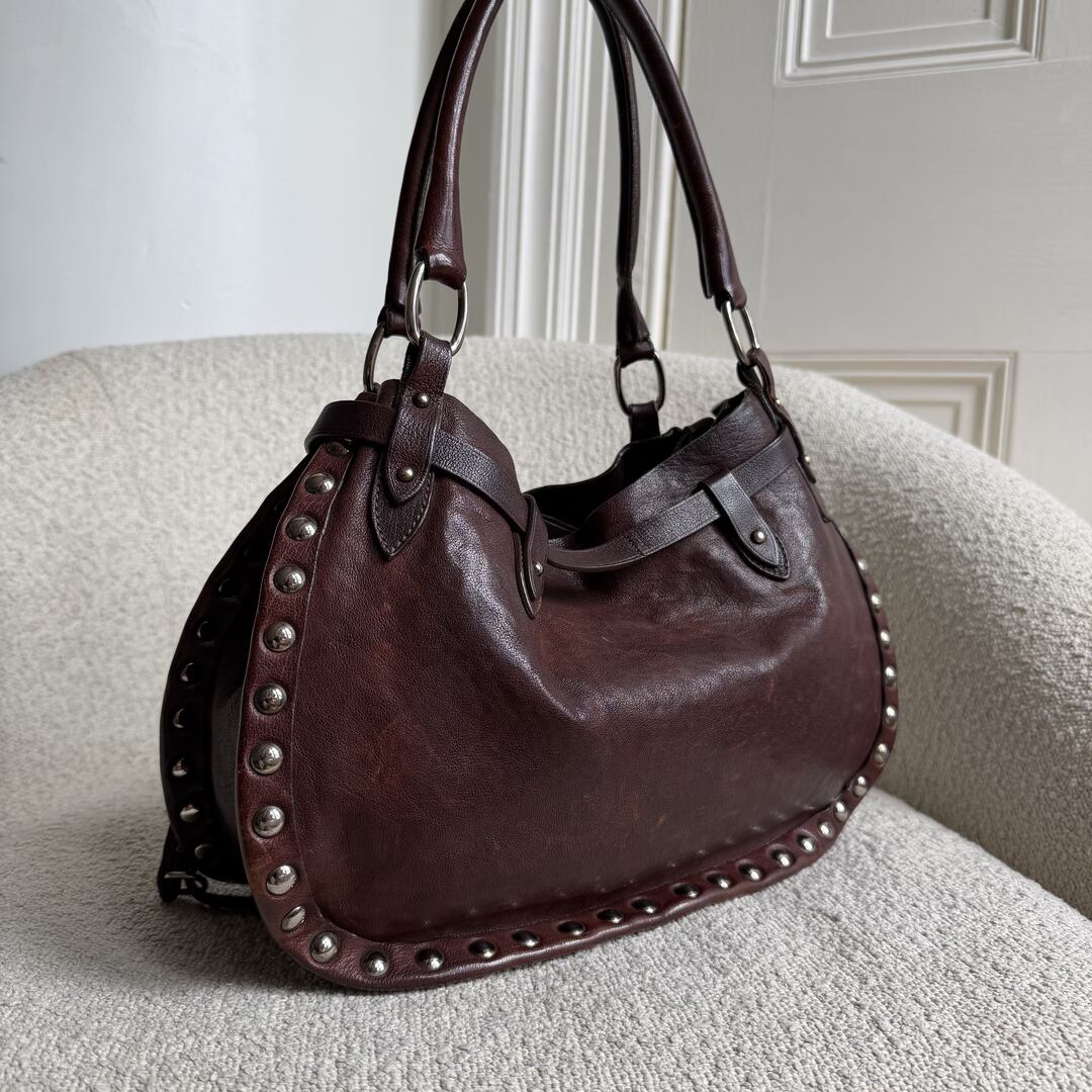 RARE Archive Miu Miu Studded Dark Brown Leather Shoulder Bag