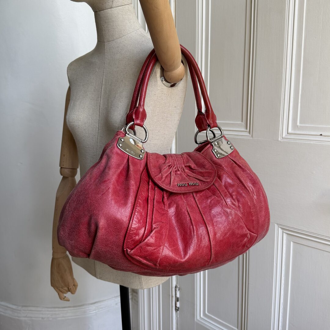 Miu Miu Gathered Hobo Red Leather Shoulder Bag