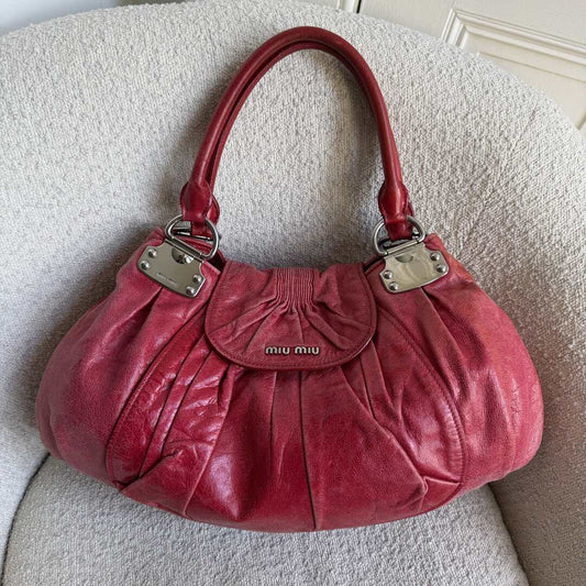 Miu Miu Gathered Hobo Red Leather Shoulder Bag