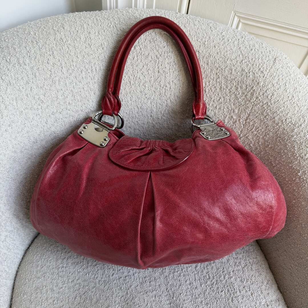 Miu Miu Gathered Hobo Red Leather Shoulder Bag