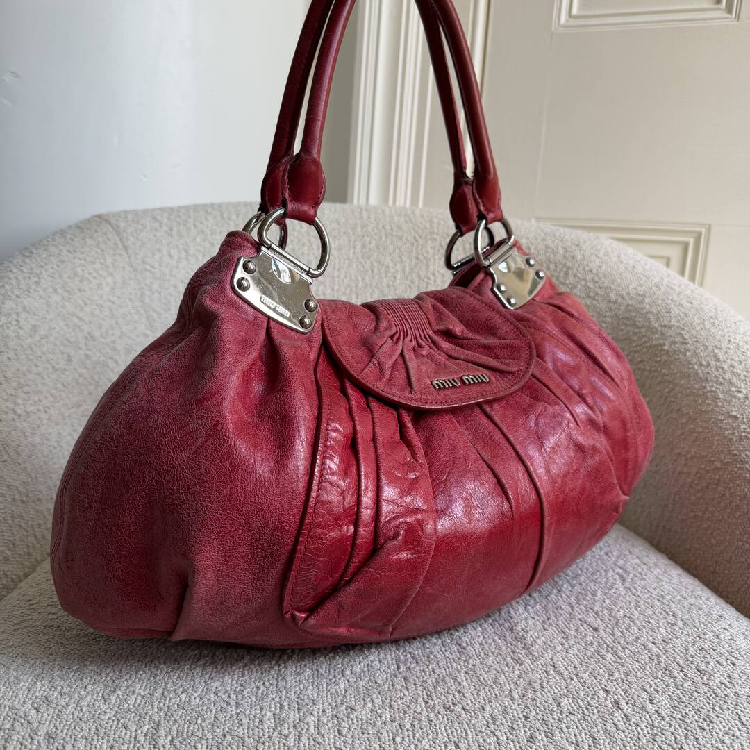 Miu Miu Gathered Hobo Red Leather Shoulder Bag