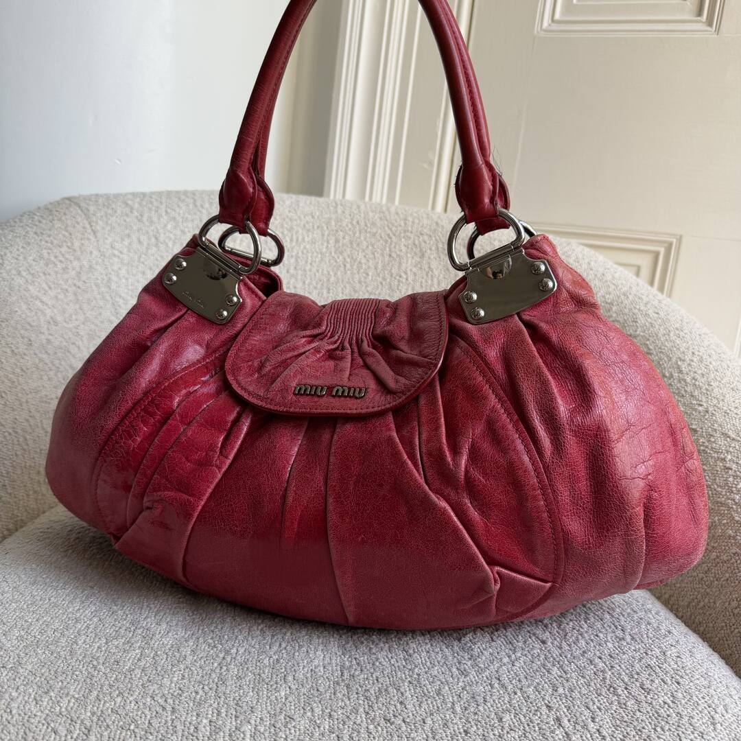 Miu Miu Gathered Hobo Red Leather Shoulder Bag