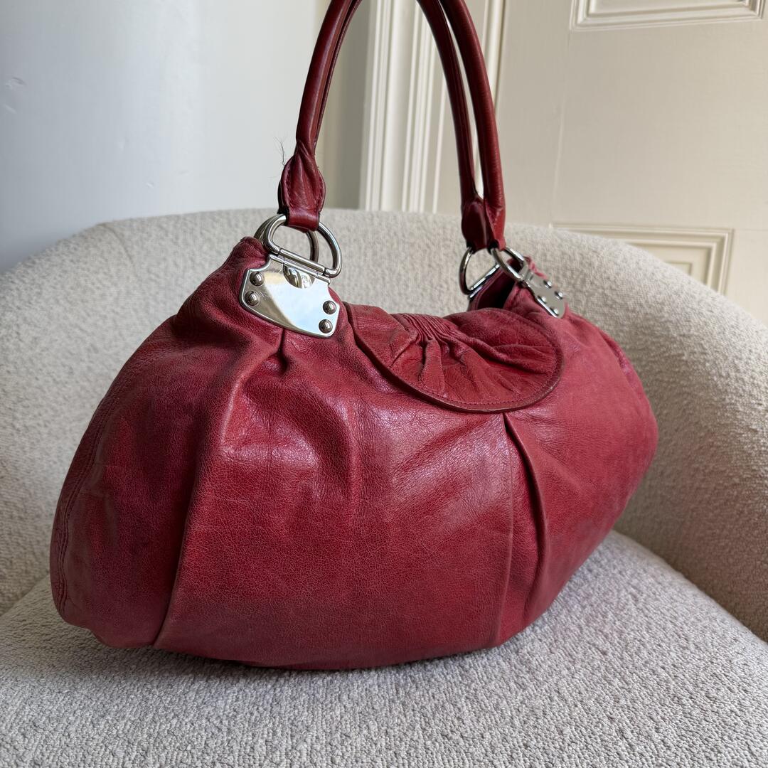 Miu Miu Gathered Hobo Red Leather Shoulder Bag