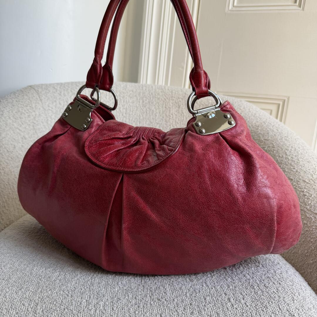 Miu Miu Gathered Hobo Red Leather Shoulder Bag