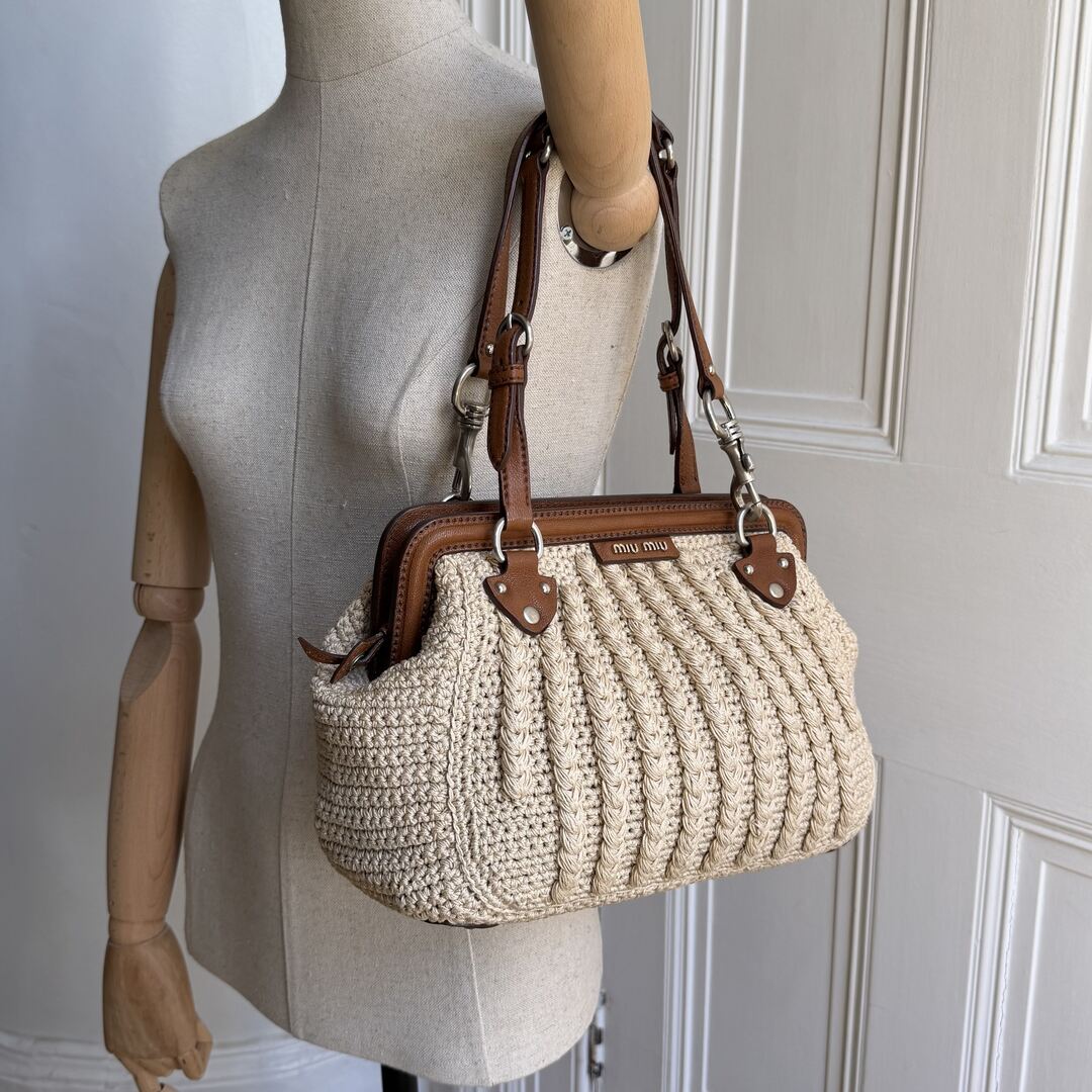 2000s Miu Miu Crochet Knitted Cream Shoulder Bag