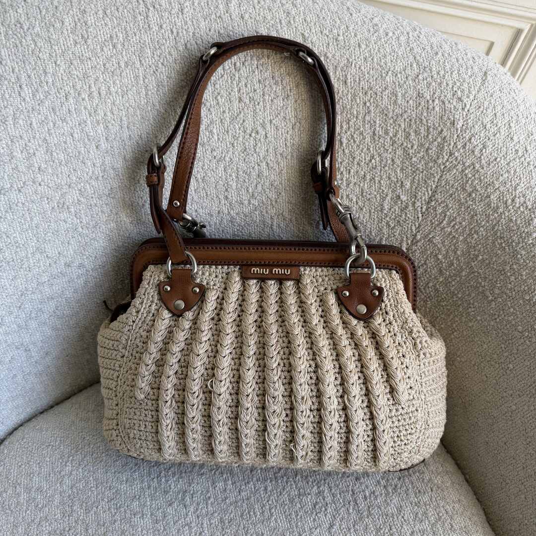 2000s Miu Miu Crochet Knitted Cream Shoulder Bag