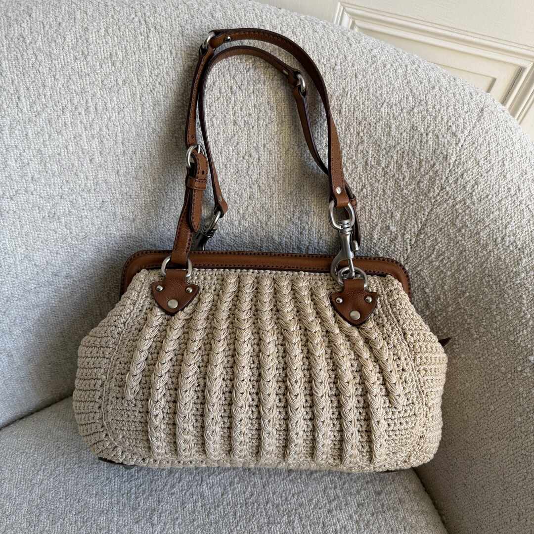 2000s Miu Miu Crochet Knitted Cream Shoulder Bag