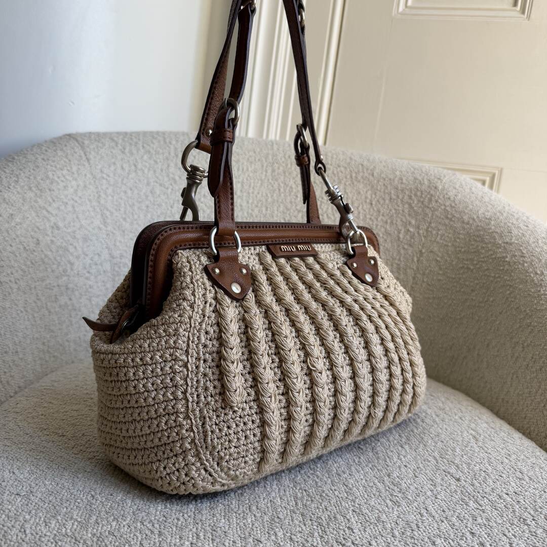 2000s Miu Miu Crochet Knitted Cream Shoulder Bag