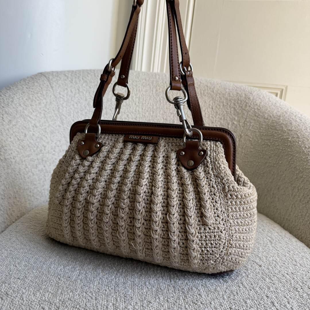2000s Miu Miu Crochet Knitted Cream Shoulder Bag