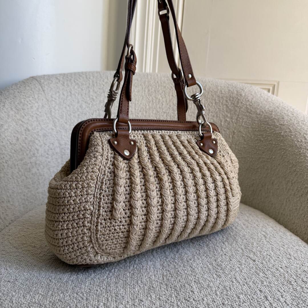 2000s Miu Miu Crochet Knitted Cream Shoulder Bag
