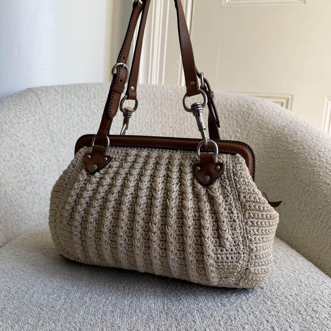 2000s Miu Miu Crochet Knitted Cream Shoulder Bag