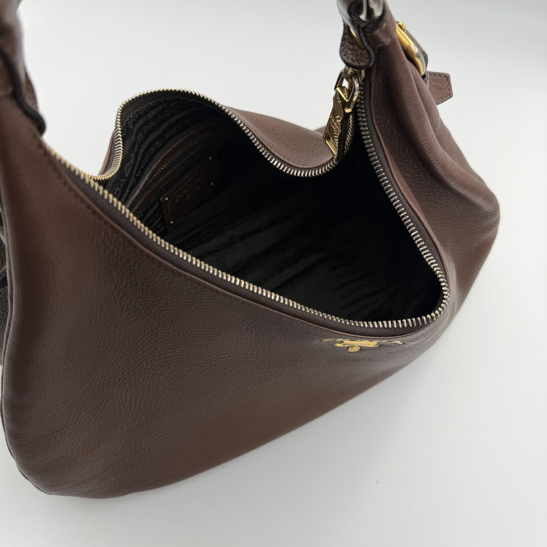 Prada Vitello Daino Brown Leather Shoulder Bag