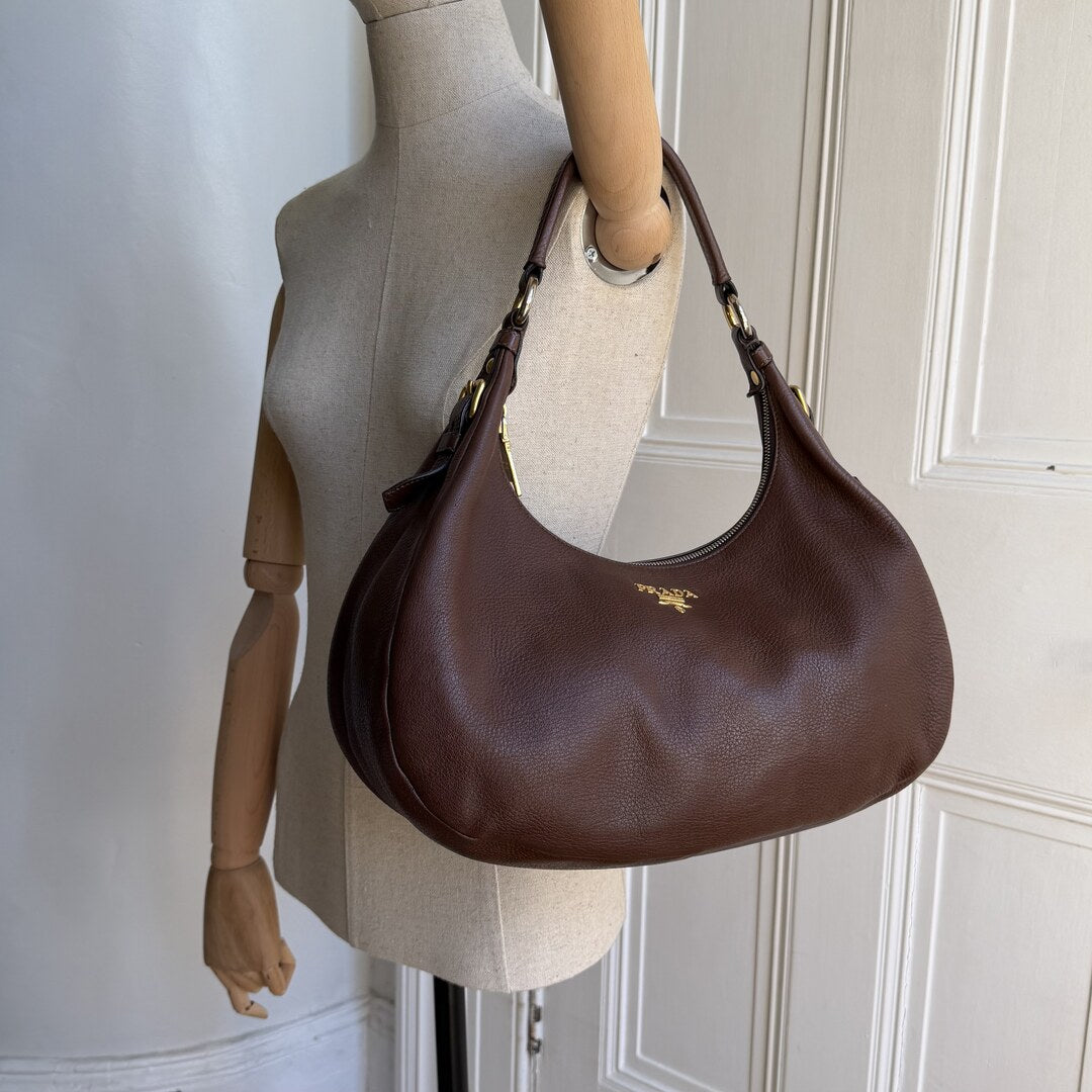 Prada Vitello Daino Brown Leather Shoulder Bag