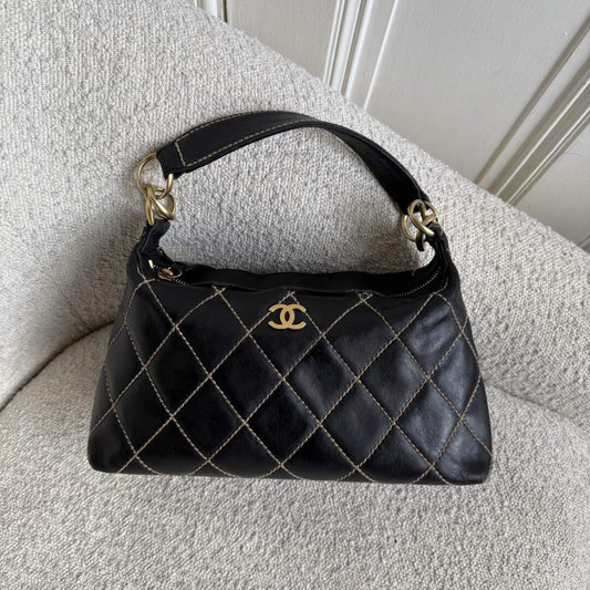 2003 Chanel CC Surpique Wild Stitch Black Leather Handbag