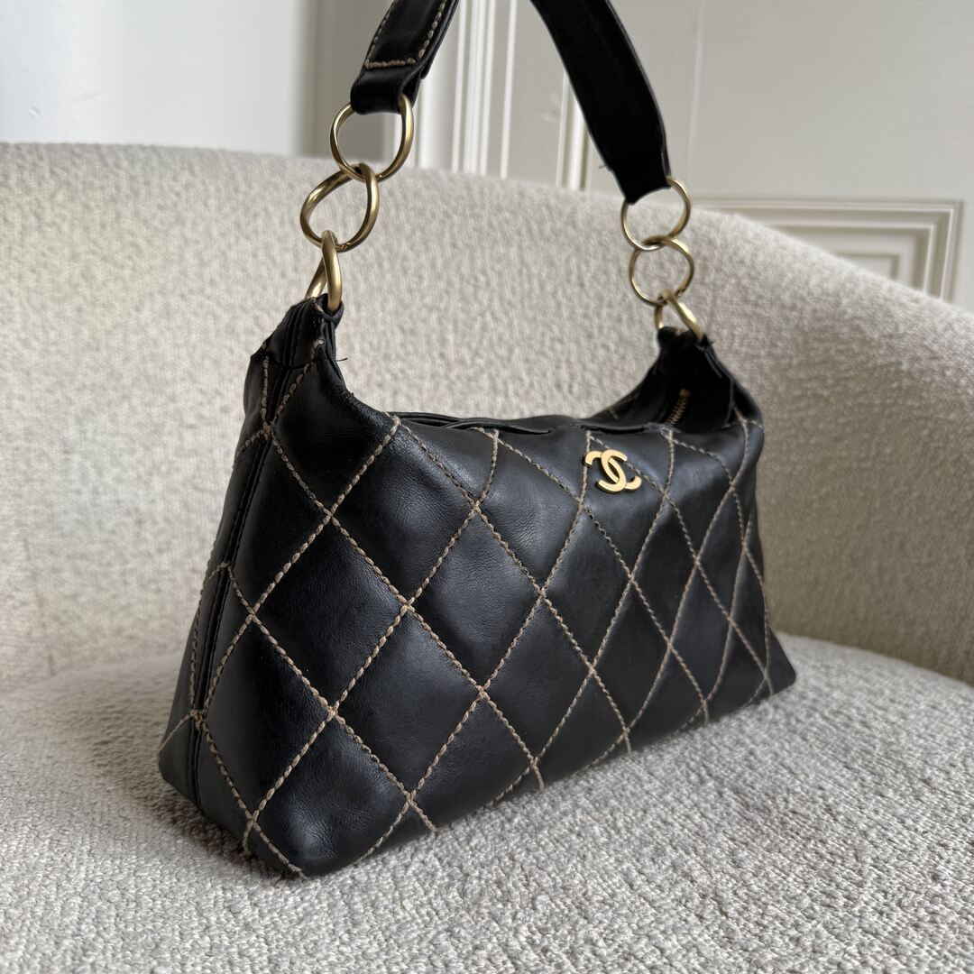 2003 Chanel CC Surpique Wild Stitch Black Leather Handbag