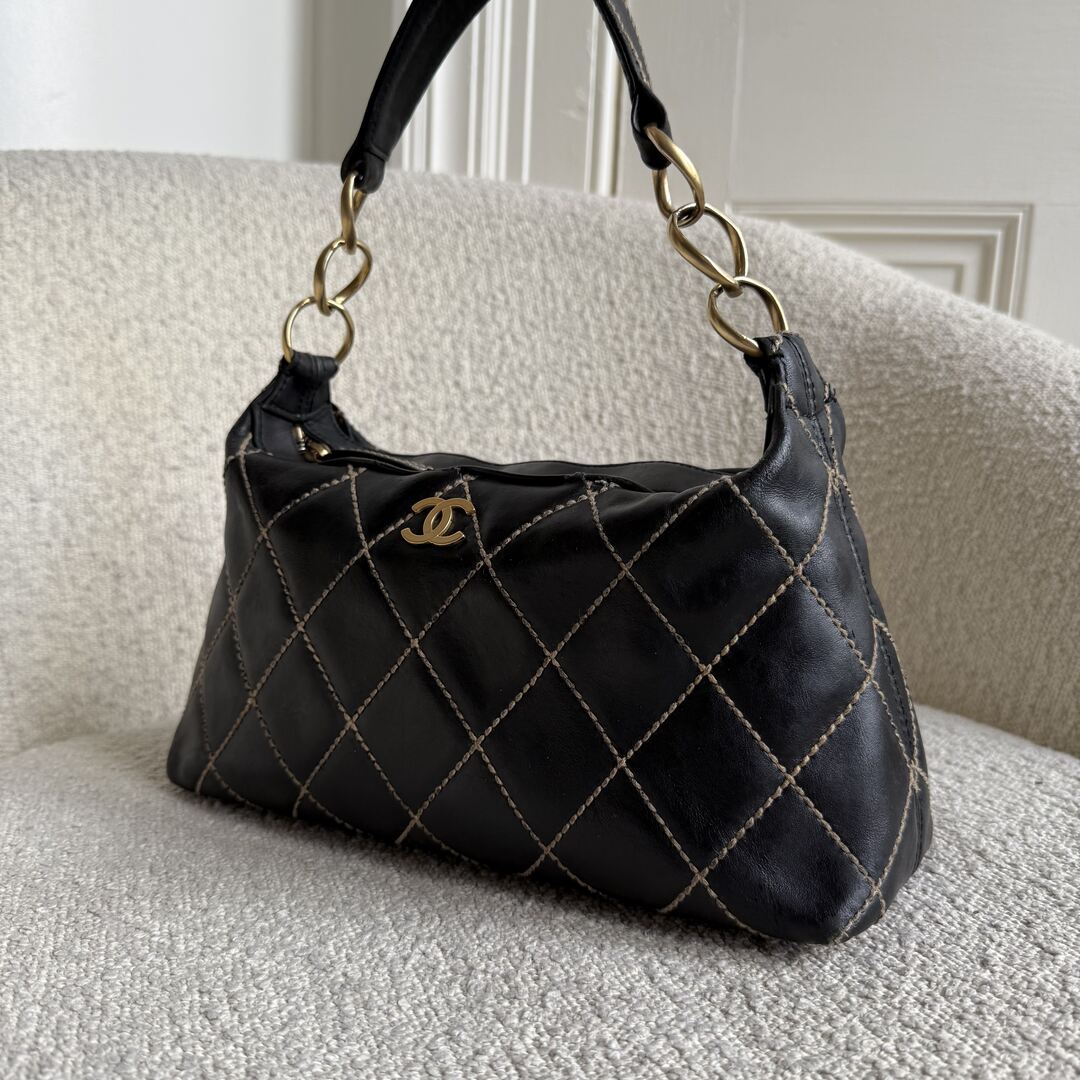 2003 Chanel CC Surpique Wild Stitch Black Leather Handbag