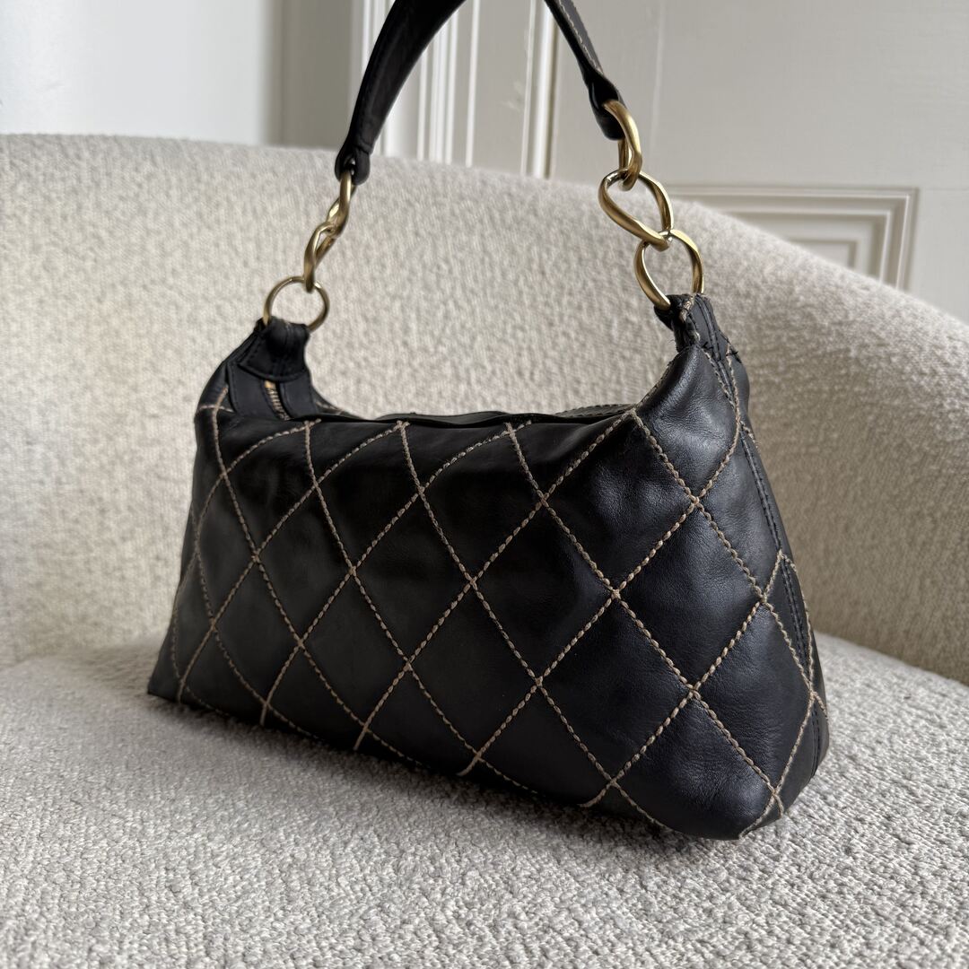 2003 Chanel CC Surpique Wild Stitch Black Leather Handbag