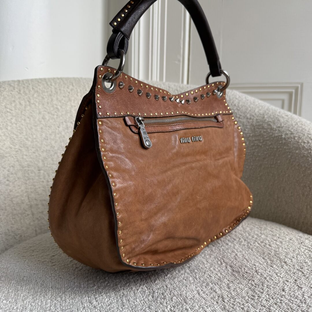 Miu Miu Studded Leather Brown Handbag