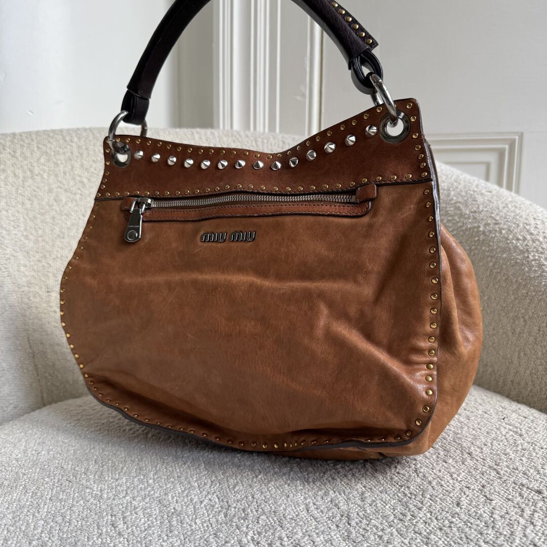 Miu Miu Studded Leather Brown Handbag